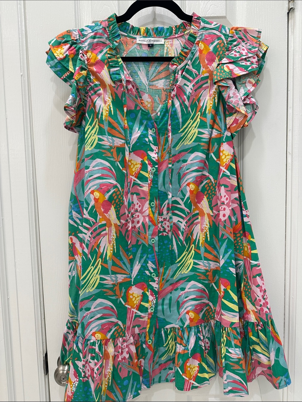 Tropical Parrot Ruffle Sleeve Dress - Green & Pink